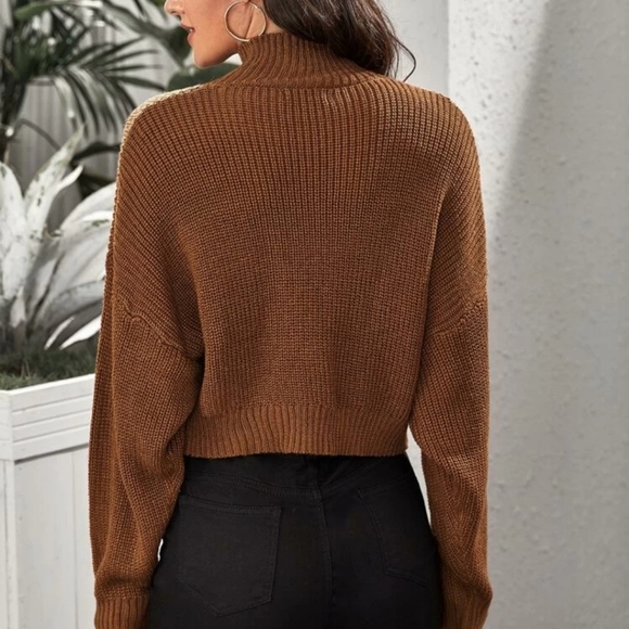 Brown High neck drop shoulder Chunky knit Sweater - Picture 3 of 3